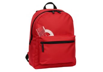A red backpack with a ruler inside, isolated on transparent background