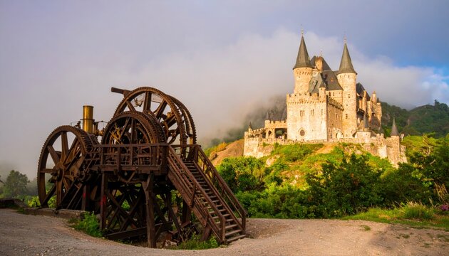 A gothic steampunk castle with massive gear-driven gates, surrounded by misty mountai 