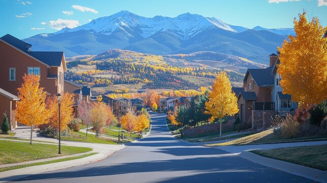Residential neighborhood in Colorado at autumn, USA. Mount Sopris landscape.