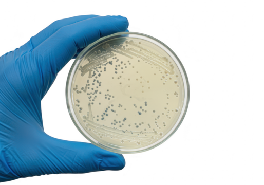 Petri dish with bacteria culture held by gloved hand isolated on transparent background
