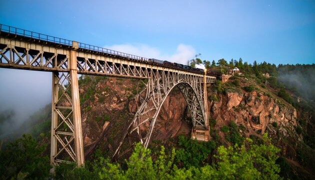 A grand railway bridge of brass and iron stretching across a canyon, with steam