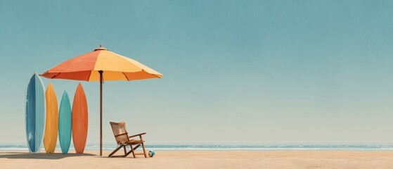 Vibrant beach setup with surfboards, umbrella, chair, and sports gear on tropical sand under sunny sky, ideal for summer recreation promotions and commercial coastal lifestyle photography