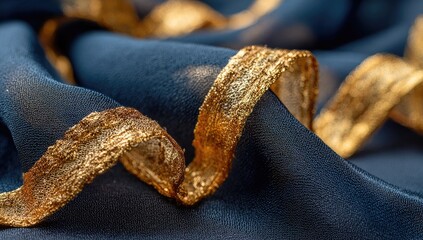 Gold ribbon on deep blue fabric