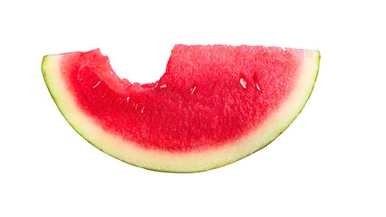 A red watermelon slice with a bite mark, isolated on a transparent background. Perfect for food designs, summer themes, or healthy fruit visuals with a fresh, natural touch