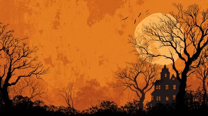 Silhouette of haunted house beneath full moon with twisted trees on vibrant orange Halloween background, perfect for spooky party posters, themed banners, and seasonal commercial vector designs.