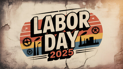 Labor day two thousand and twenty five graphic on a cracked wall with factory and gear illustrations .