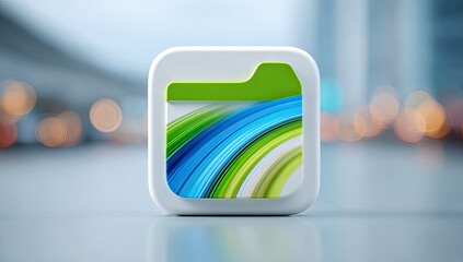 Square, white app icon with green folder tab and colorful, dynamic lines
