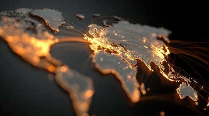 Digital visualization of glowing network nodes connected by flowing lines across dark global map perfect for illustrating internet infrastructure and data transfer