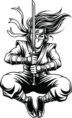 Black and White Manga Style Illustration of a Ninja in a Dynamic Crouching Pose, Holding a Katana Sword, Suitable for T-Shirt Design, Merch, and Stickers.