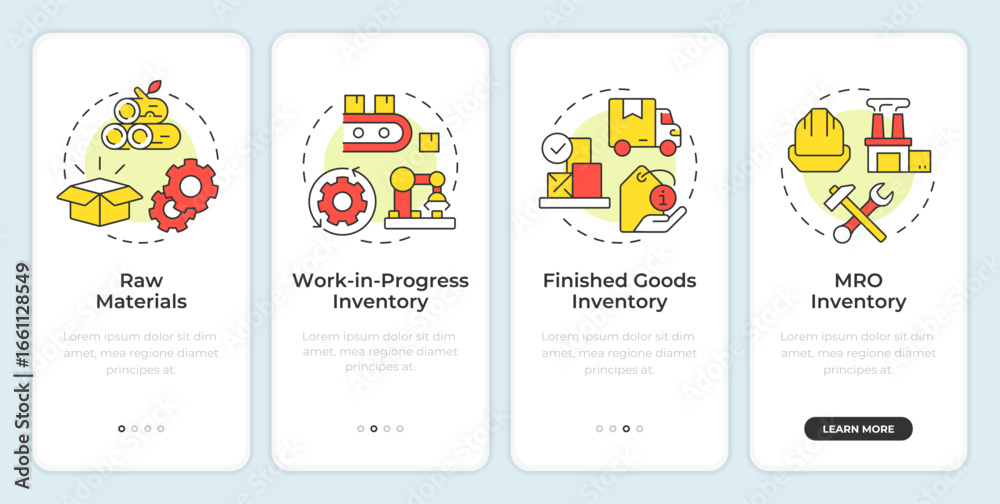 Wall mural types of inventory onboarding mobile app screen. supplies control. walkthrough 4 steps editable grap