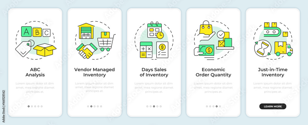 Wall mural inventory management methods onboarding mobile app screen. regulation. walkthrough 5 steps editable 