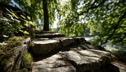 Stone steps leading into a lush forest, sunlight filtering through leaves