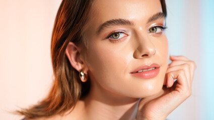 Fototapeta premium Woman with long brown hair and green eyes