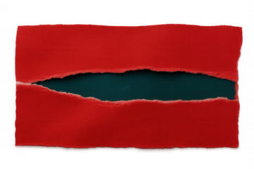 Torn crimson paper revealing deep green layer, dramatic paper rip against transparent backdrop