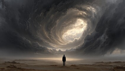 Dark clouds swirl around a lone figure