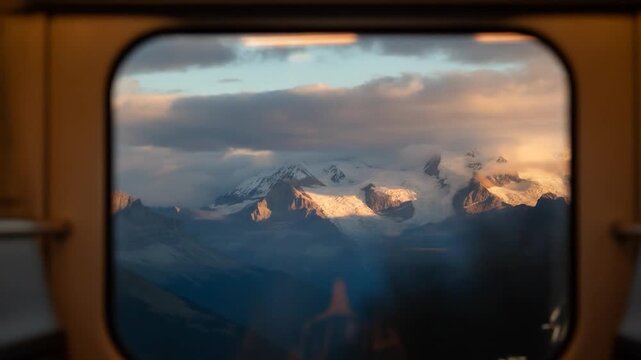 Breathtaking Golden Hour Mountain Range View from Moving Vehicle Window, Majestic Alpine Peaks at Sunset.