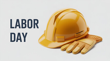 A yellow hard hat and gloves for labor day on a white background with text on the left side .
