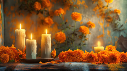 Marigolds and candles on Day of the Dead altar