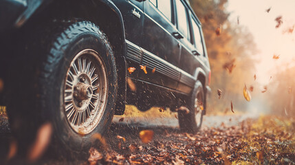 Close-up of the front wheel and fender of an off-road vehicle in motion