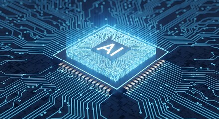 A detailed macro view of an electronic circuit board with a powerful computer processor chip highlights the complex digital technology of a motherboard