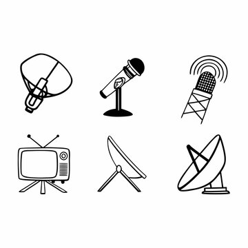 Illustration of communication devices including antenna, microphone, television
