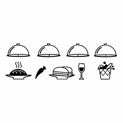Black and white line art illustration of food and drink for menu design