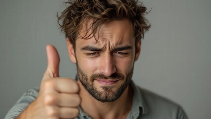 Man Shows Thumbs Up Gesture While Looking Down With Confident Expression