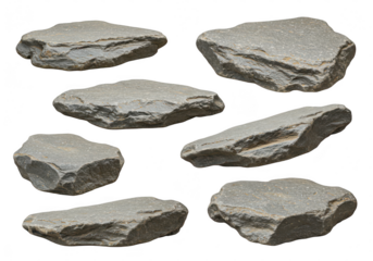 Set of seven flat gray stones isolated on transparent background