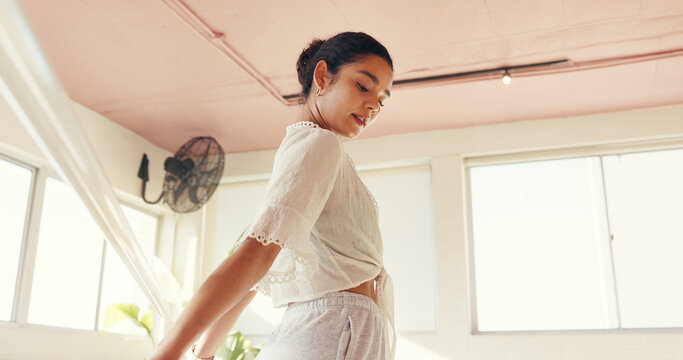 Academy, ballet and talent with woman in dance studio for practice or rehearsal. Artistic, concentration and skill with ballerina or dancer person in class for creative expression or preparation - Powered by Adobe