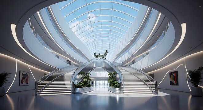 Modern Architecture Interior with Spiral Staircase and Glass Railing
