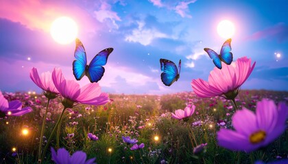 A dreamy floating meadow with giant flowers, glowing butterflies, and two suns shinin 