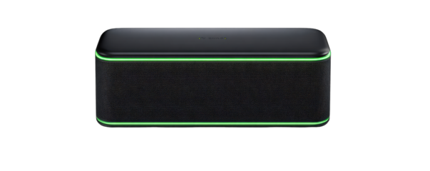 Rectangular black speaker with lime green accents