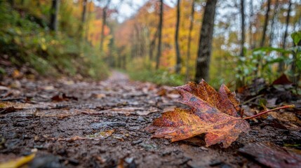 Leaf on muddy trail in autumn forest, colorful foliage, blurred background, nature