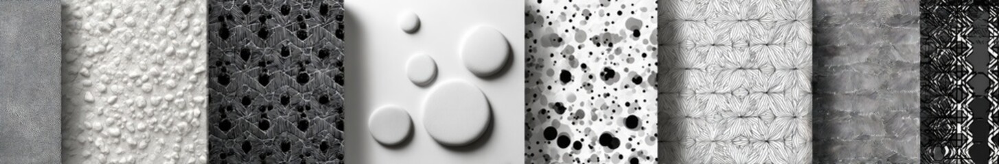 Close-up view of various textured materials, in shades of gray and white, with different densities and patterns