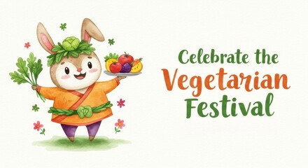 Fototapeta premium Cute Rabbit Character Celebrating the Vegetarian Festival Art