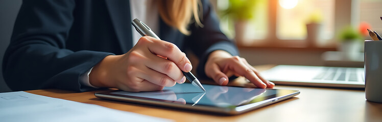 Fototapeta premium shot focused businesswoman fingers grasping electronic pen signing sleek digital tablet mobile app open