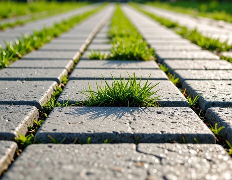 Paving block stone path with grass growing in between