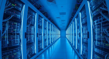 Futuristic Data Center Server Room with LED Lights