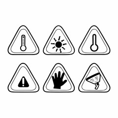 Collection of triangular signs indicating temperature and hazard for package design