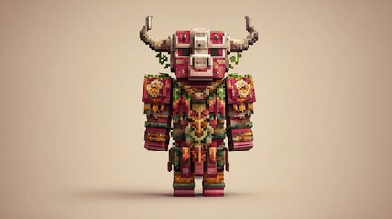 Pixelated, stylized figure, likely a boss character from a video game, adorned in ornate,  tribal-inspired armor