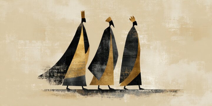 Minimalist Three Wise Men walking in golden robes