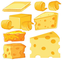 Assorted Cheese Types in Cartoon Vector Style