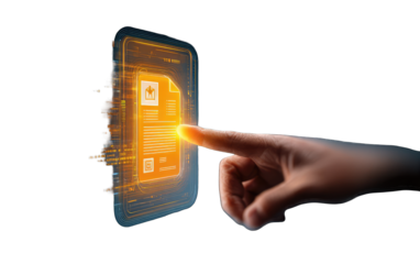 Hand touching a glowing file icon on a digital device