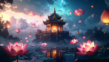 Obraz premium A serene temple floating above the clouds, surrounded by glowing lotus flowers