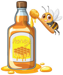 Cartoon Honey Bee With Honey Jar and Dipper