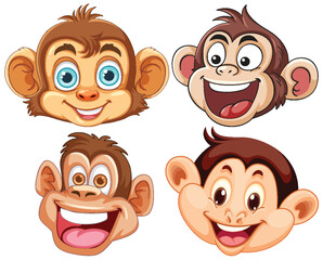 Set of Cartoon Monkey Faces with Expressive Smiles