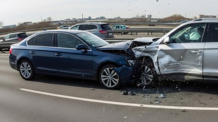 Naklejka premium Two cars crashed on the road, with one vehicle smoking. Road accident on highway illustrates urgency for insurance.
