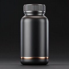 Black plastic bottle with a rose gold band on a black background.