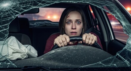 A young woman in a crashed vehicle with a shattered windshield, looking visibly scared and holding the steering wheel.