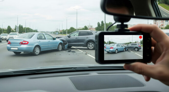 A hand holds a dash cam showing a recorded car accident on a road. Vehicle collision caught on camera. Road safety and insurance claim concept.